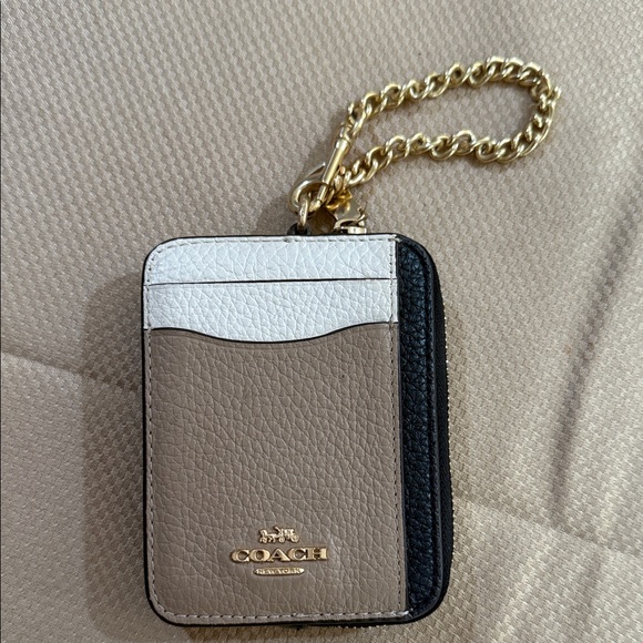 Coach Accessories - Coach Beige and White Card Holder with Gold Chain and zipper